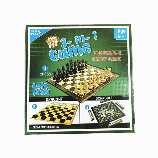 3-in-1 Family Board Game Set - Chess, Draughts, and Scrabble