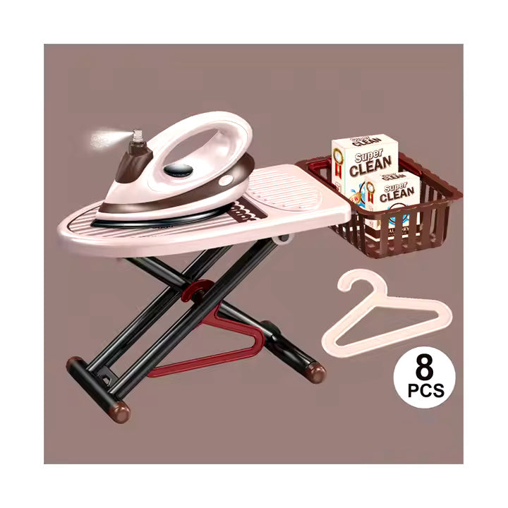 8pcs Laundry PlaySet: Mini Electric Iron and Ironing Board for kids