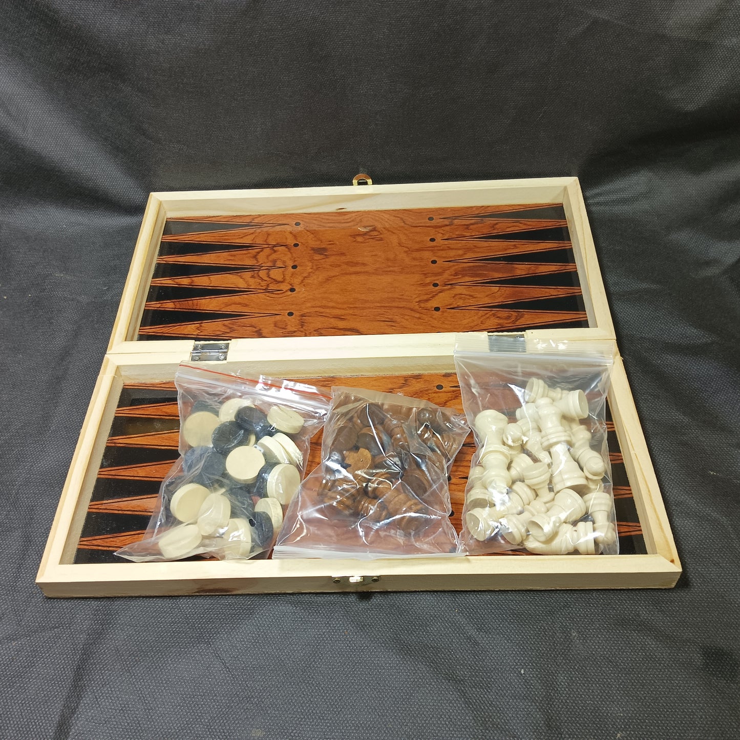 3-in-1 Wooden Chess / Checkers / Backgammon Set, foldable board