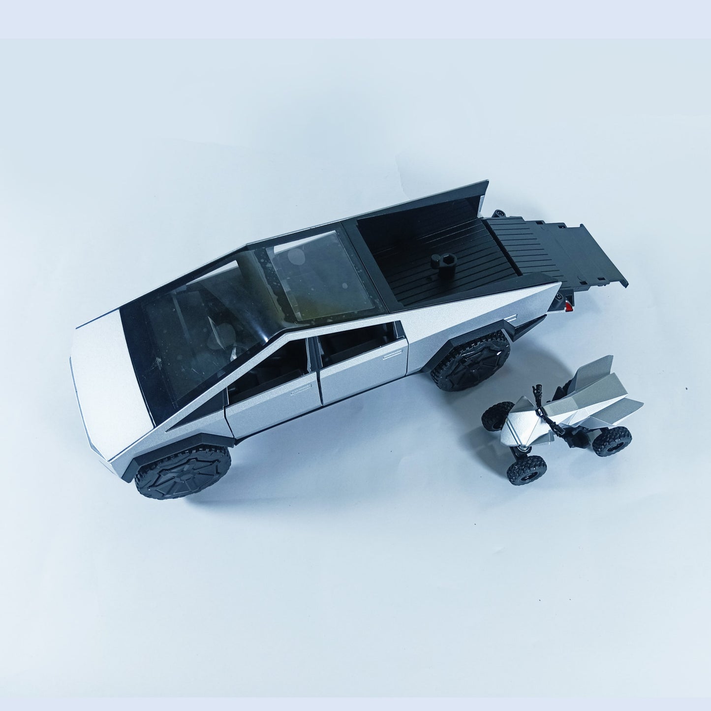 Die-Cast Tesla Cybertruck with Removable Motorcycle - Simulation Sound and Light Pull Back Series